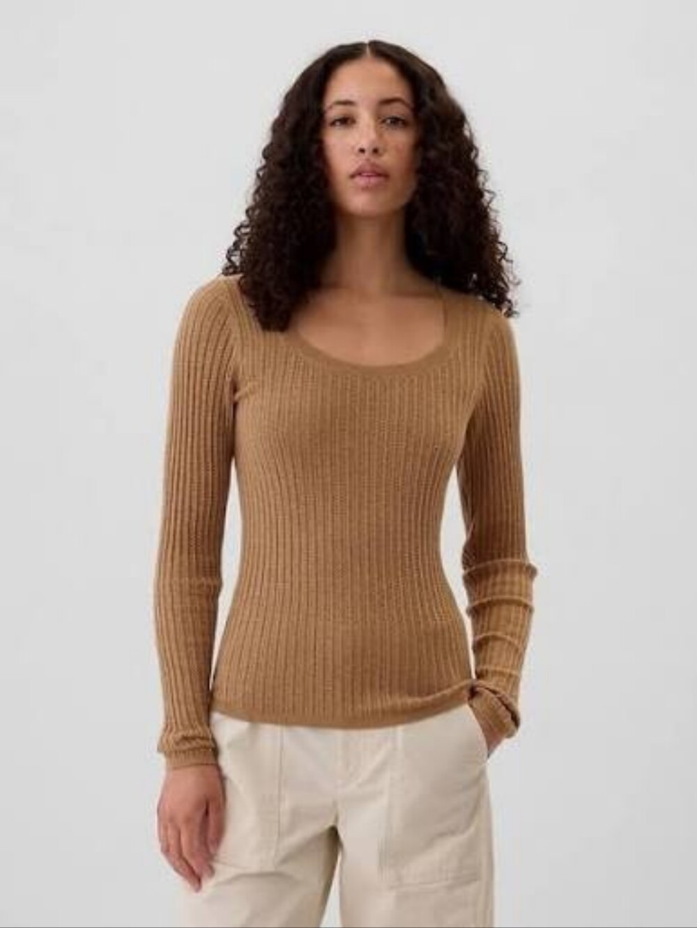 Gap CashSoft Ribbed Scoopneck Sweater Pointelle Ribbed Brown Heather Small S
